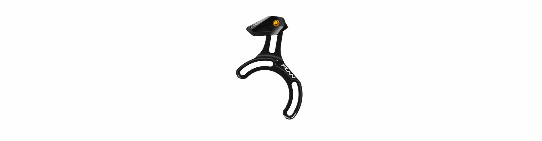 A black and silver Funn bicycle chain guide with a sleek, curved design and a small orange bolt, isolated on a white background.