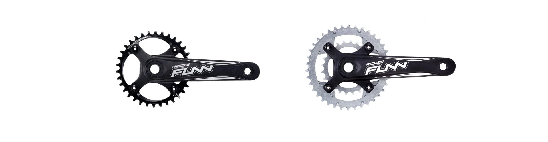Two black bicycle cranksets with Funn branding, each featuring a crank arm and chainring, displayed side by side on a white background. The left has a single chainring; the right has a double chainring.