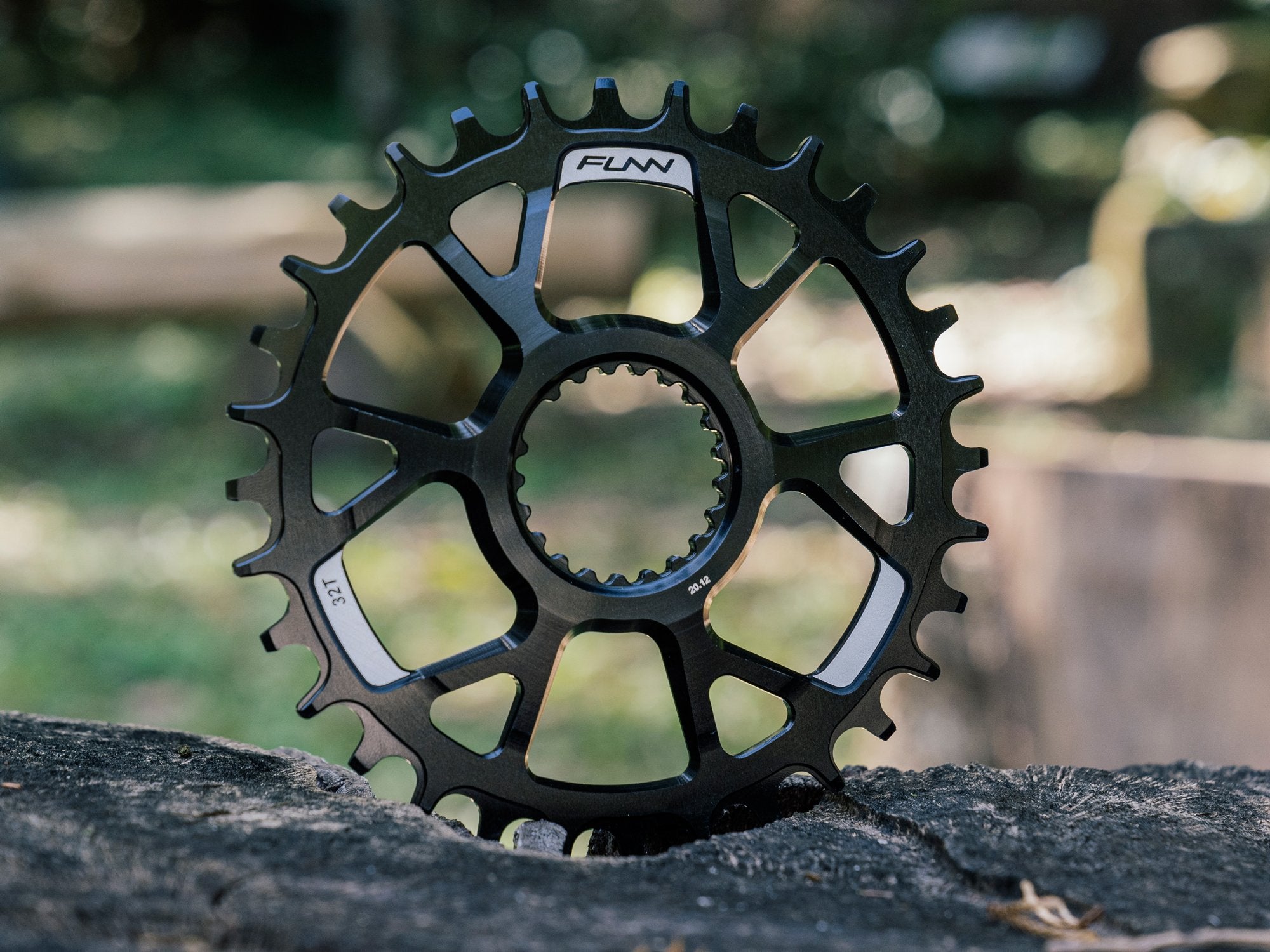 A black metal bicycle chainring with the brand name Funn is standing upright on a tree stump outdoors, with a blurred background of greenery and sunlight.