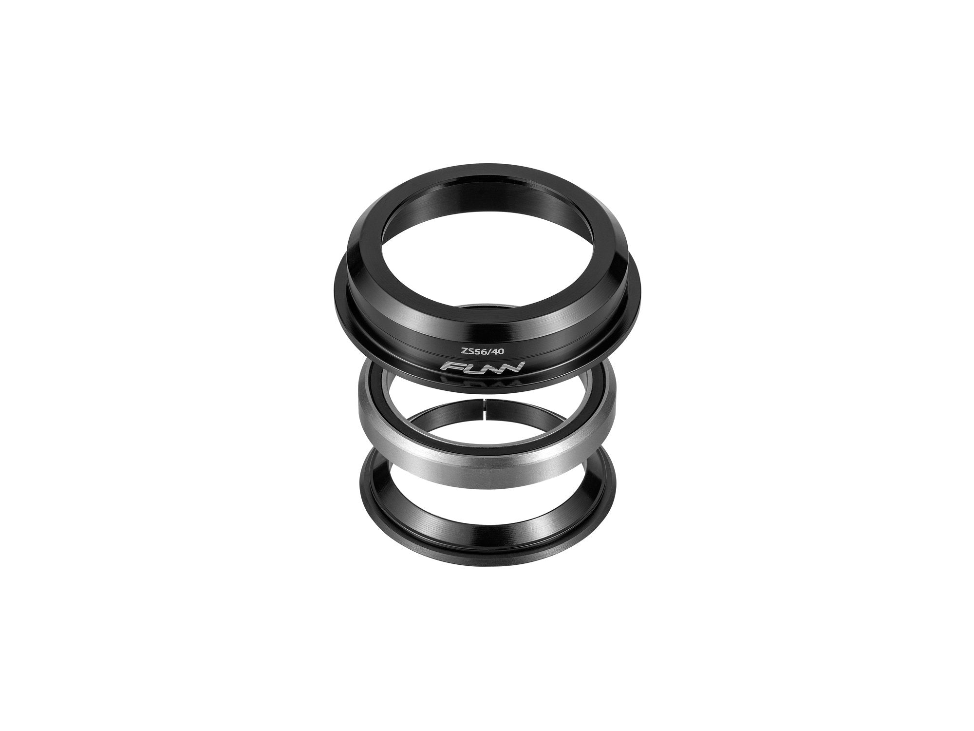 An exploded view of a Funn black and silver bike headset assembly, showing three separate cylindrical components aligned vertically on a white background.