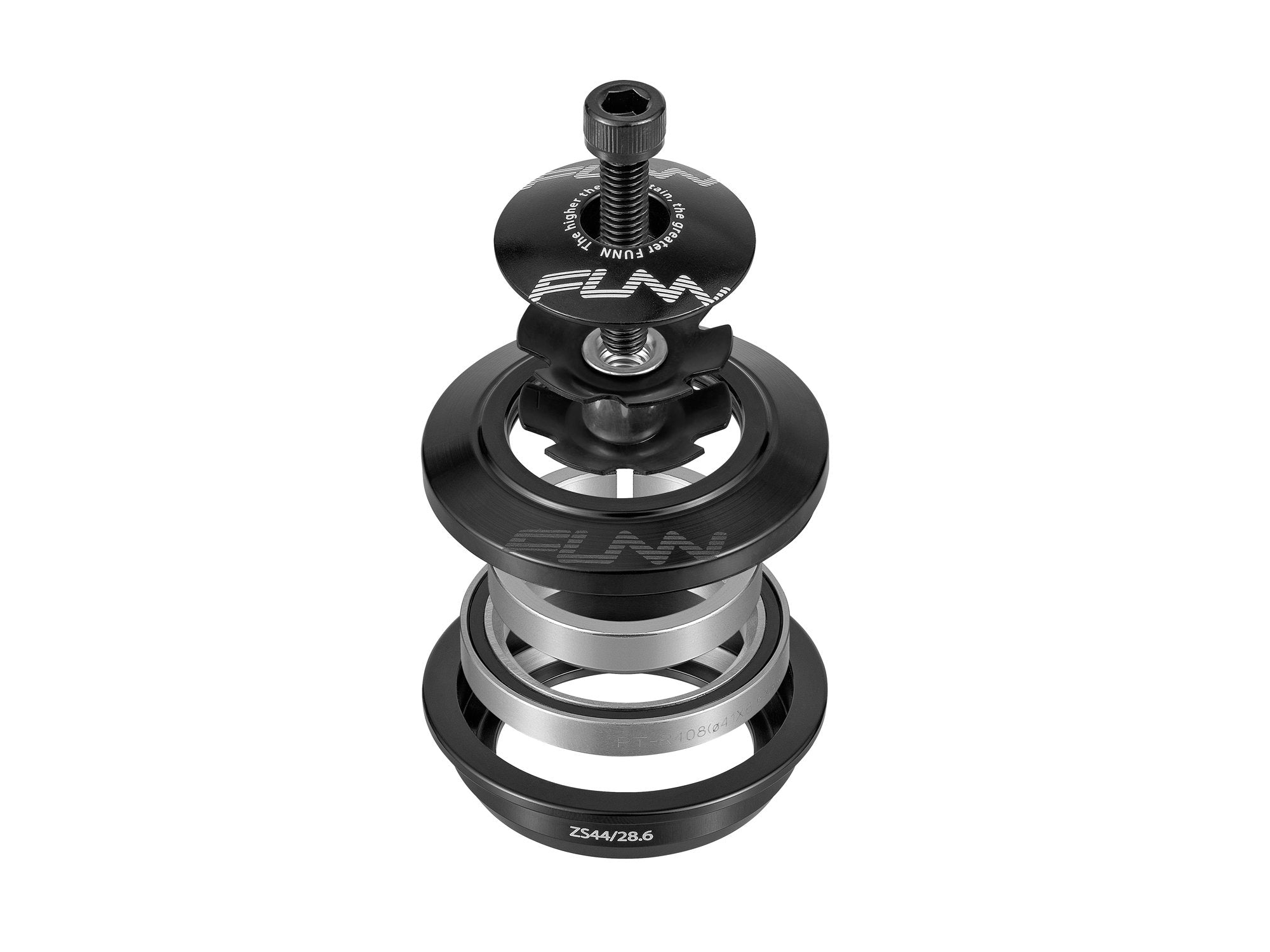Exploded view of a black and silver bicycle headset assembly, showing individual components stacked vertically, including bearings, spacers, and top cap.