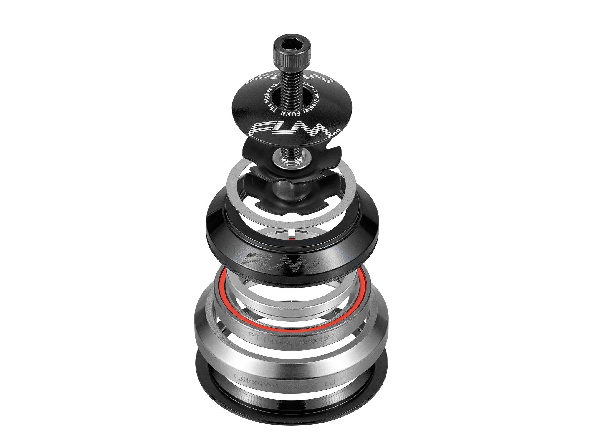 An exploded view of a bicycle headset assembly, showing individual metallic and plastic components arranged vertically, including spacers, bearings, and the top cap.