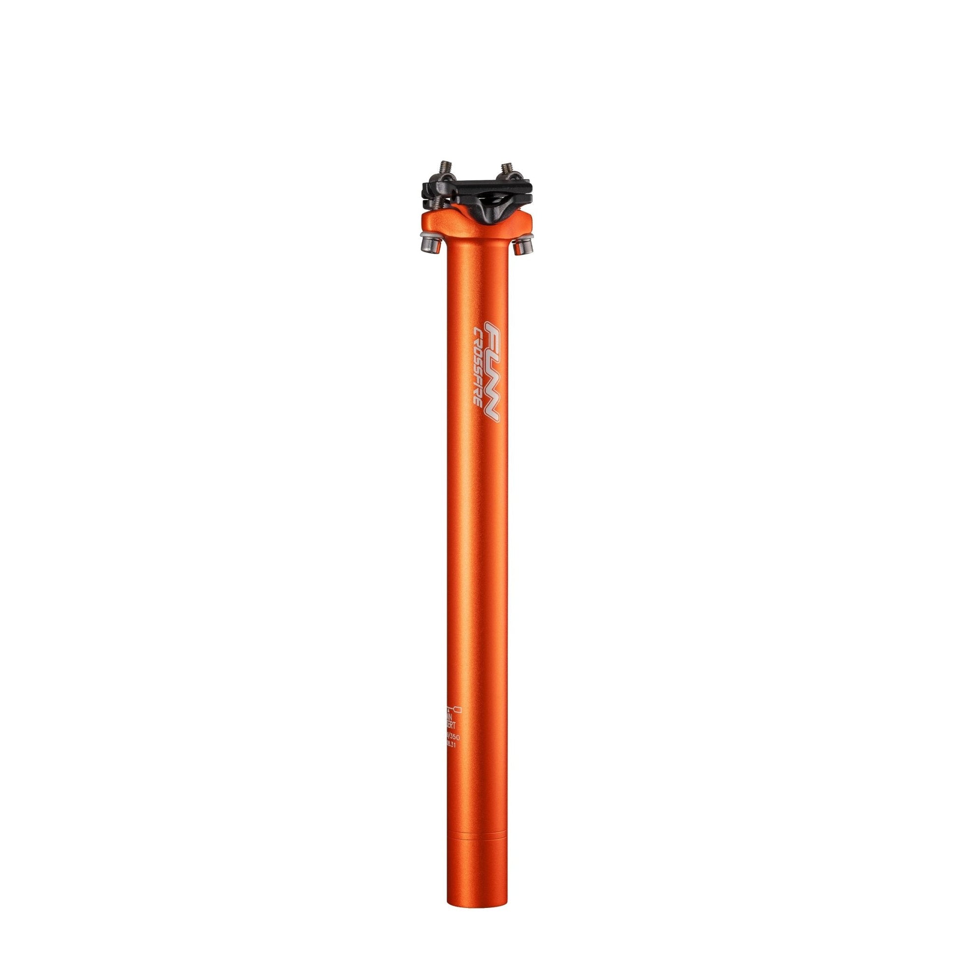 Funn mountain bike components - Crossfire Seatpost Orange 27.2mm 350mm in a white background.
