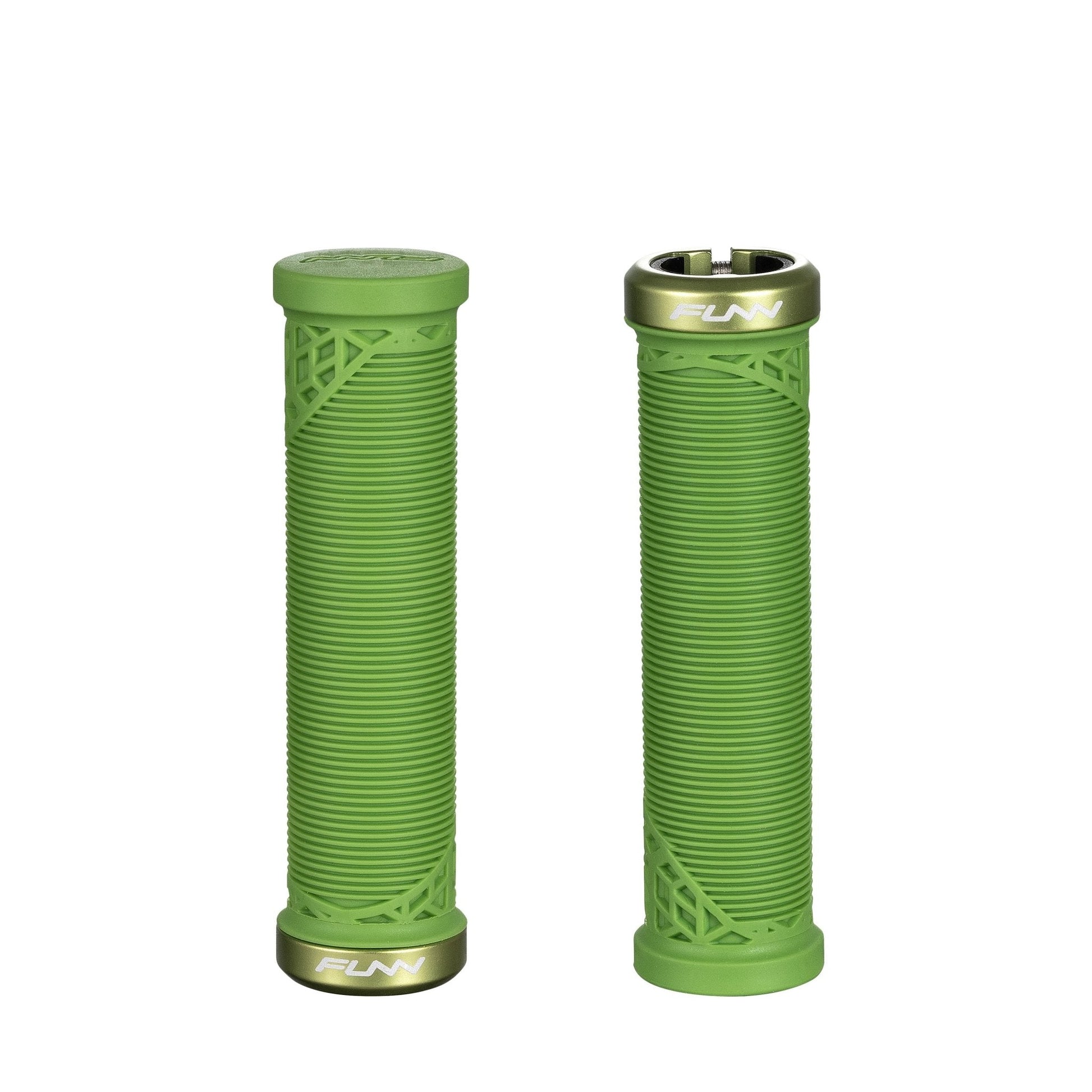 Funn mountain bike components - Hilt JR Lock - On Grips Green in a white background.