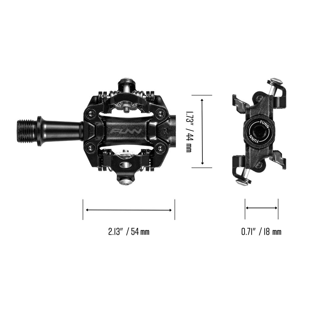Funn Tactic Clip-In Pedals, shown in black with side and top views, measure 2.13 (54mm) wide, 1.73 (44mm) tall, and 0.71 (18mm) thick—perfect for cross-country racing and SPD-compatible setups.