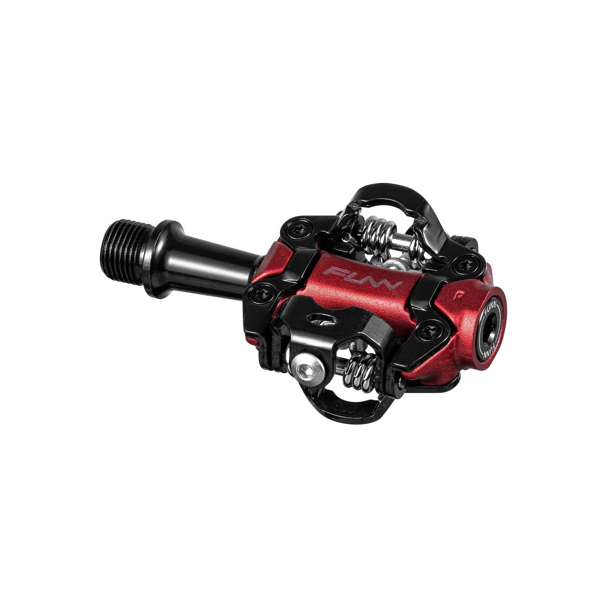 Funn Tactic Clip-In Pedals, shown against a white background, are red and black XC pedals made from lightweight aluminum with metal springs and a threaded axle, designed for SPD-compatible clipless cycling shoes.