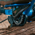 Close-up of a blue mountain bike crank and chainring resting on a fallen tree, highlighting drivetrain components and the Funn Zippa LG Chain Guide with its CNC-machined alloy backplate.