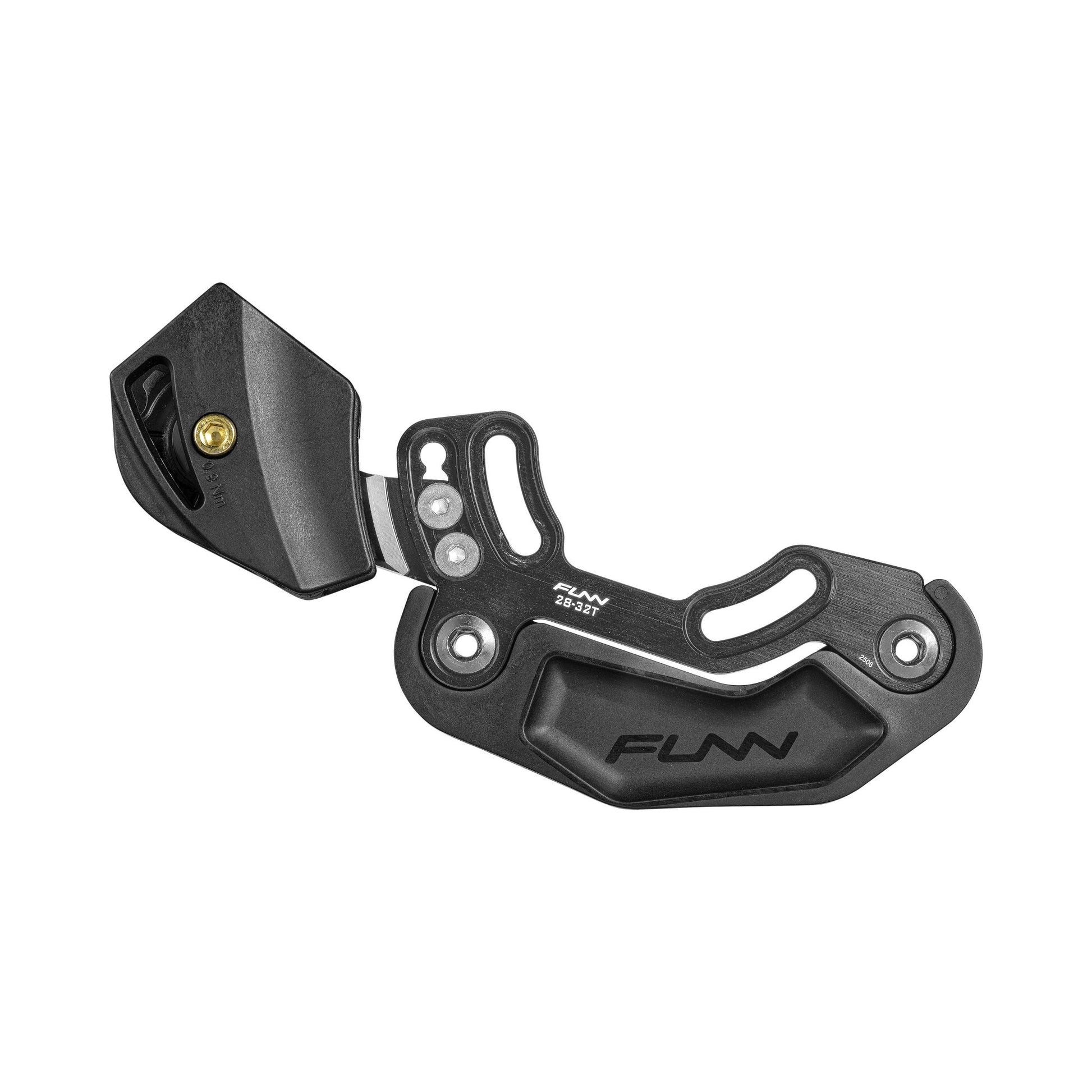 Funn Zippa LG Chain Guide features a black metal backplate with angular and curved cutouts, FUNN and ISCG-05 markings, CNC-machined alloy for strength, and a bolted mount ideal for high-pivot bikes with a protective lower section.