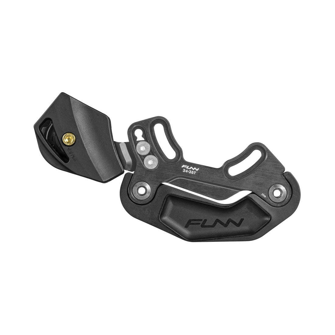 Funn Zippa LG Chain Guide, featuring a durable metal and plastic build, CNC-machined alloy backplate, mounting holes, and a protective lower section in black, is displayed against a white background.
