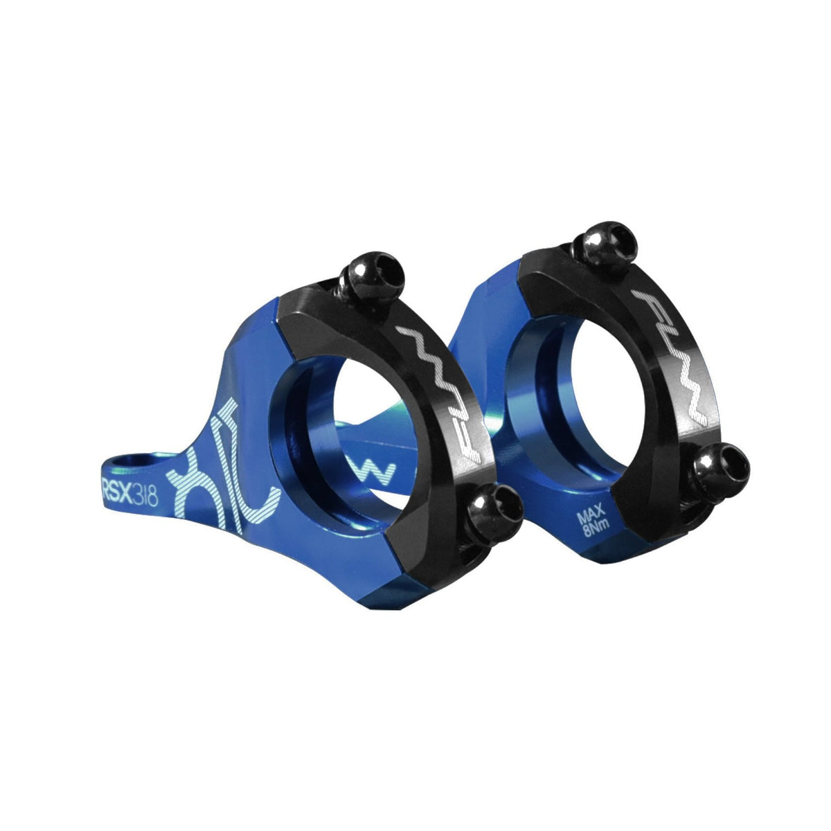 FUNN RSX Direct Mount Stem, blue and black CNC alloy bike stem with dual clamps for secure downhill handlebar mounting