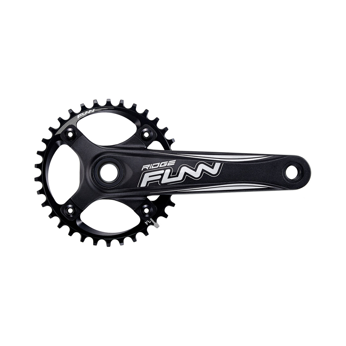 Black FUNN Ridge crankset, 175mm arm with 30t chainring, lightweight alloy MTB bike component on white background