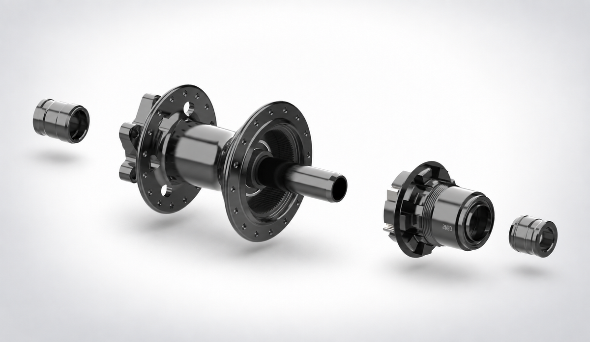 Fantom2 exploded rear hub with ratchet, cassette body, flanges and end caps on a gray gradient background