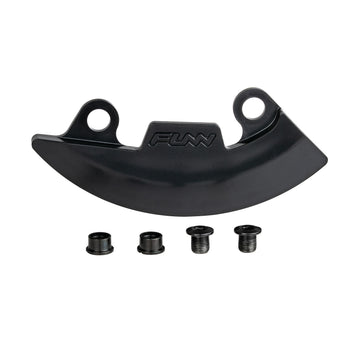 The Funn Zippa DH Bash Guard Replacement Kit features a black curved chainring protector with the FUNN logo, shown on a white background along with two bolts and two spacers—an ideal sturdy upgrade for your bike.