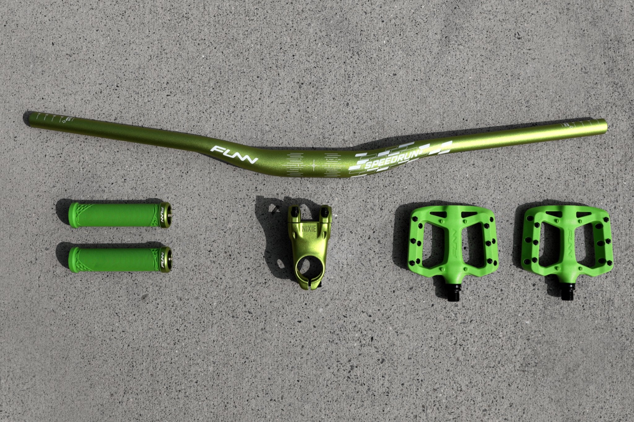 a collection of funn components for young riders which include taipan s plastic bike pedals, speedrun handlebar, nixie stem and hilt jr lock on bike grips