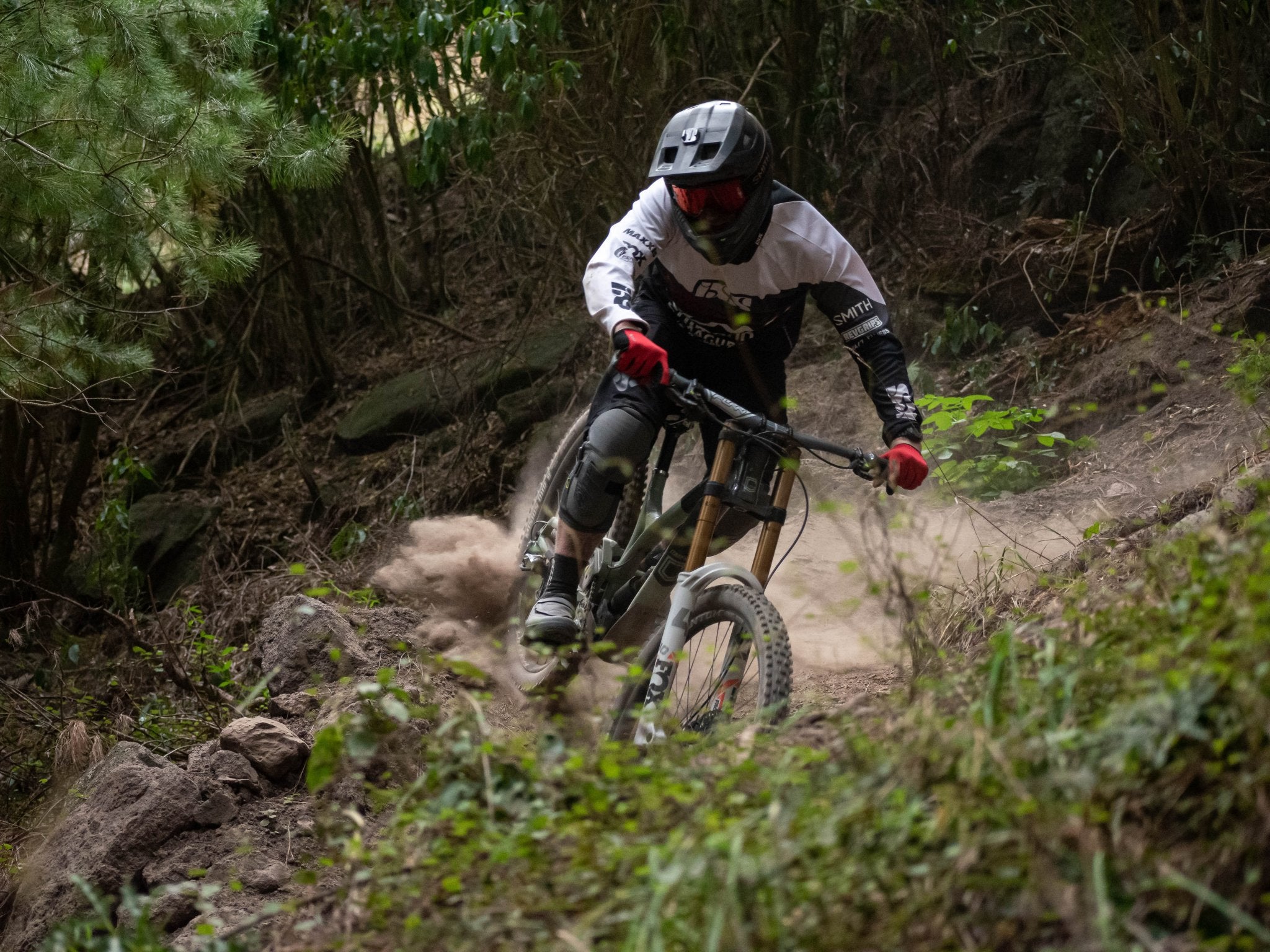 A mountain biker in full gear navigates a steep, wooded trail, kicking up dirt as they corner sharply, surrounded by dense vegetation.