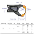 FUNN Equalizer Stem, black alloy MTB handlebar stem with orange bar clamp, angle and length measurements shown for precise fit