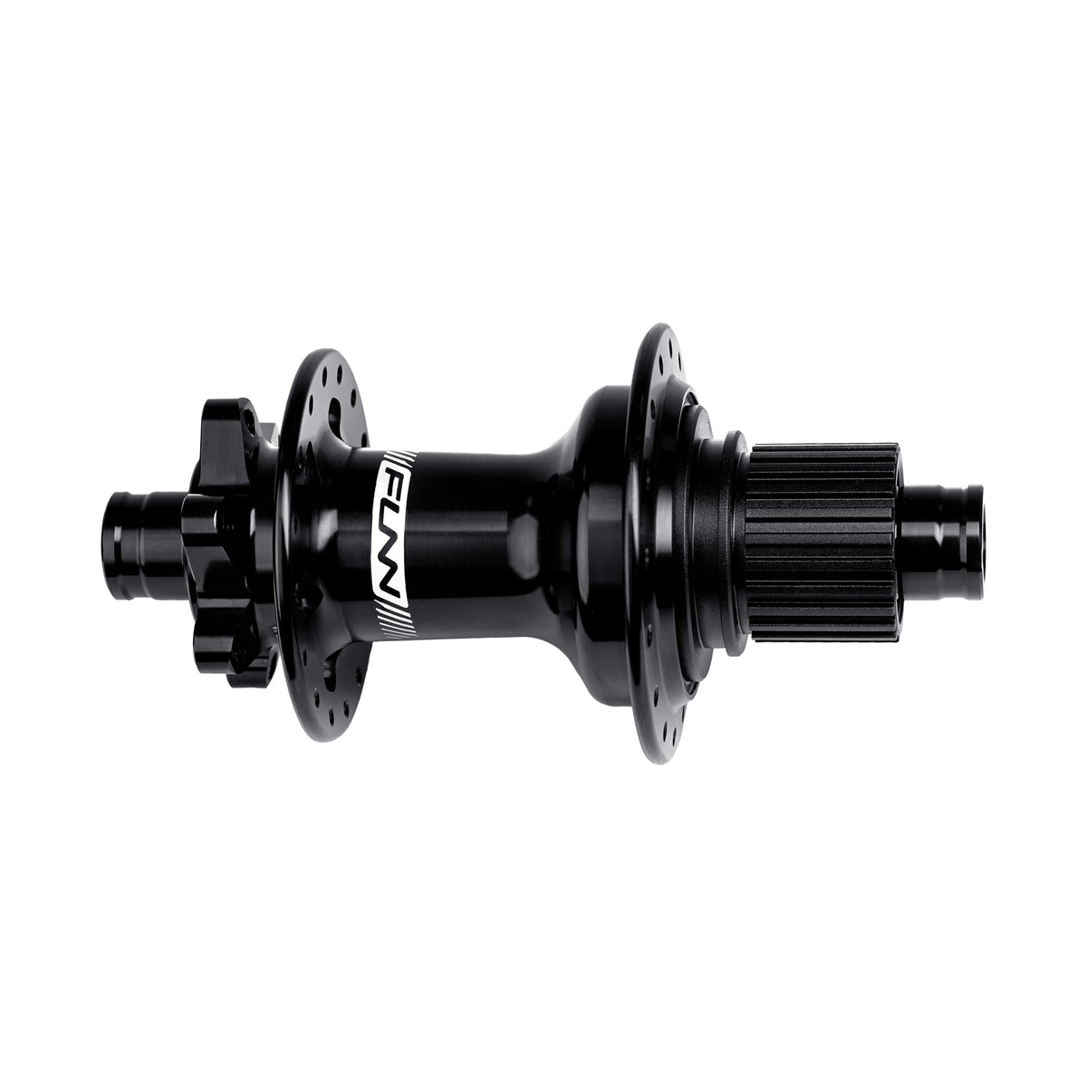 Funn Fantom2 rear hub in black with Shimano Micro Spline alloy freehub body, 32H, 6-bolt disc, Boost 12 x 148mm, side view on white