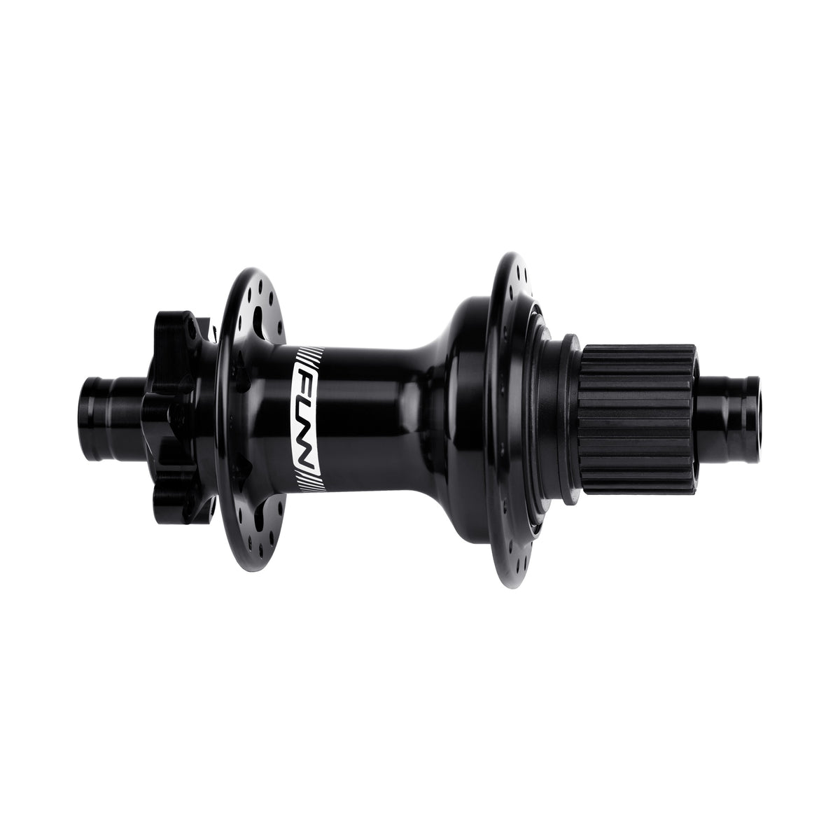 Funn Fantom2 rear hub in black with Shimano Micro Spline steel freehub body, 32H, 6-bolt disc, Boost 12 x 148mm, side view on white
