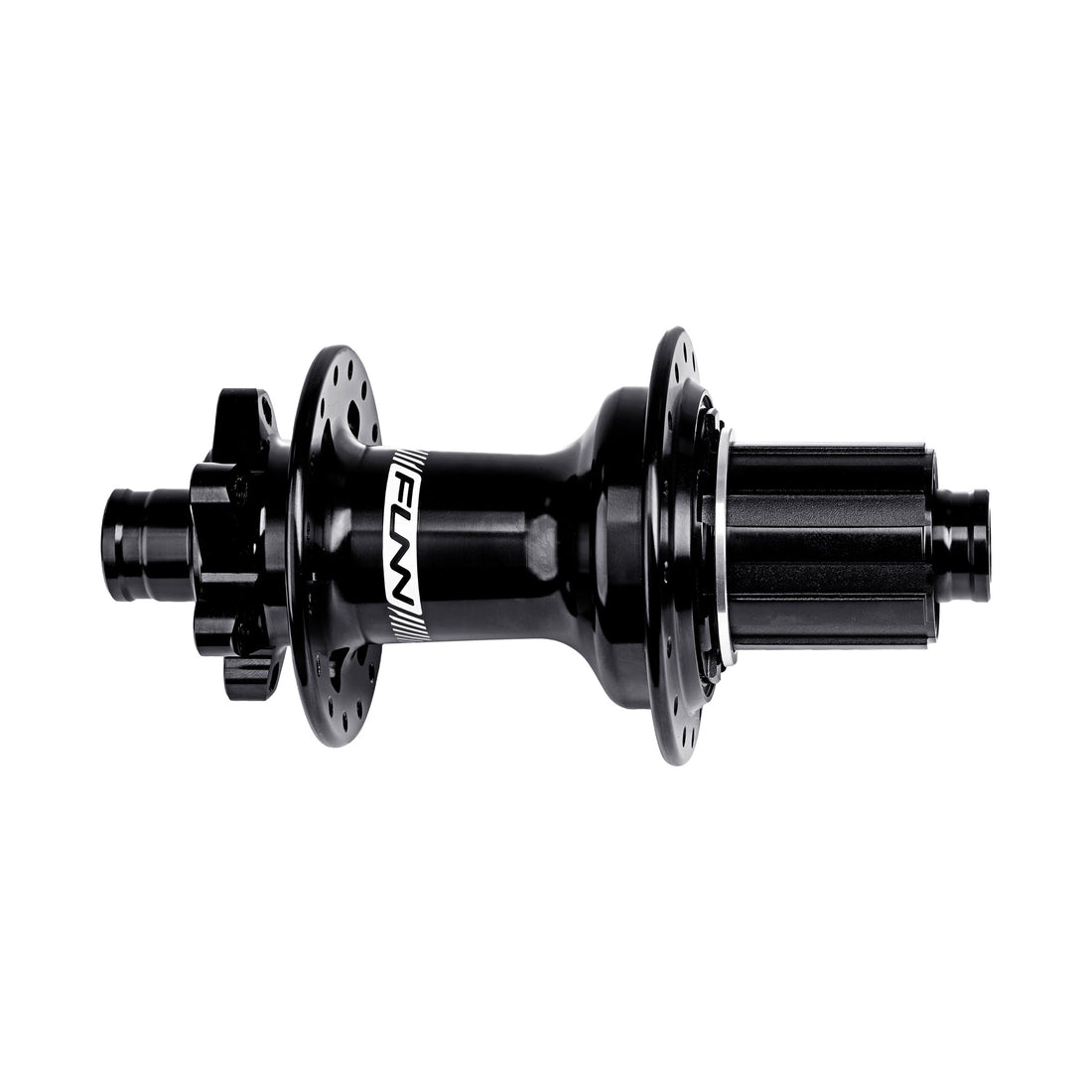 Funn Fantom2 rear hub in black with Shimano HG alloy freehub body, 32H, 6-bolt disc, Boost 12 x 148mm, side view on white