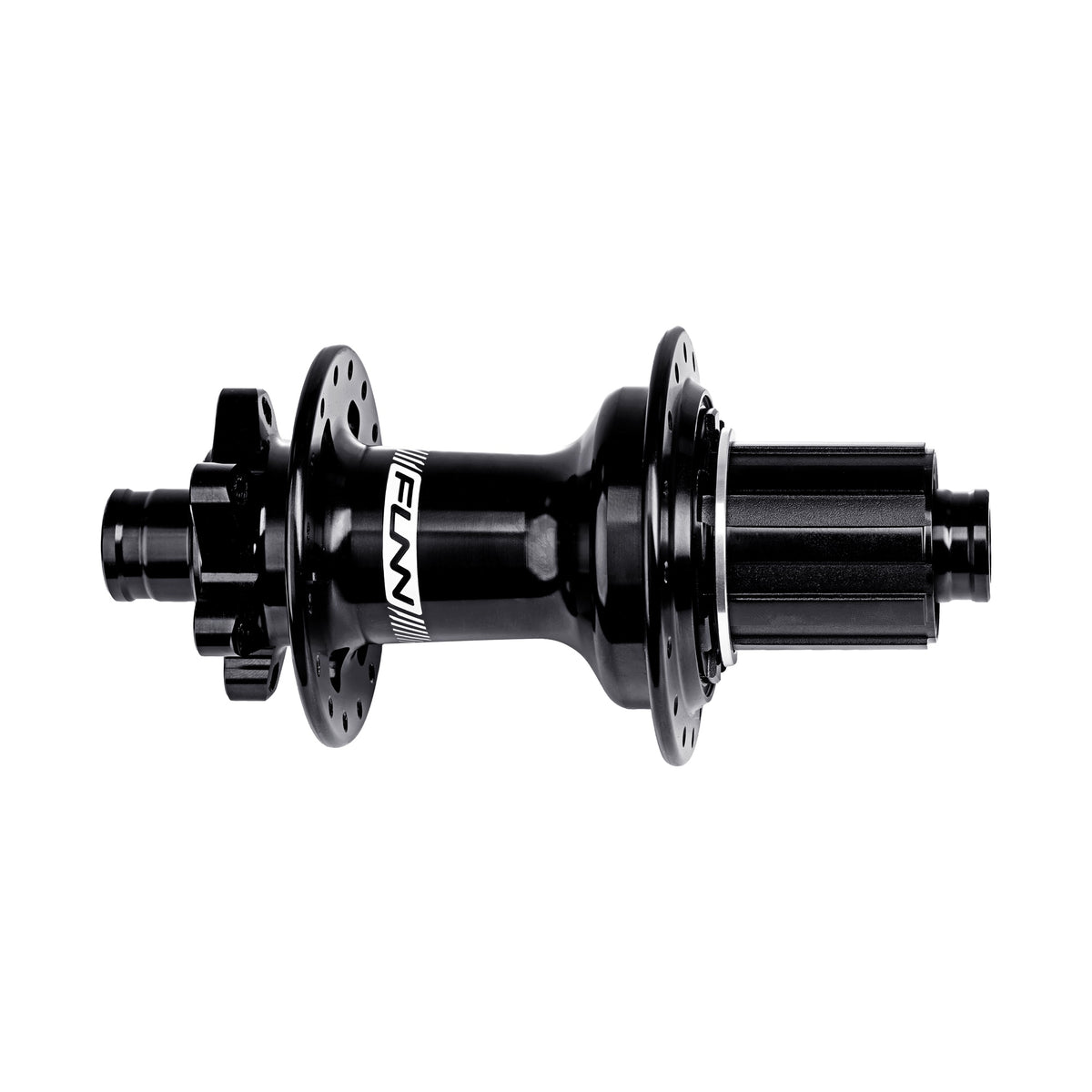 Funn Fantom2 rear hub in black with Shimano HG alloy freehub body, 32H, 6-bolt disc, Boost 12 x 148mm, side view on white