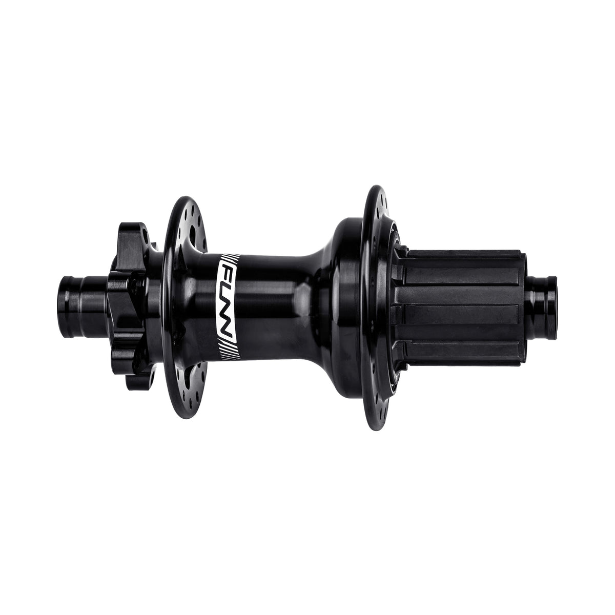 Funn Fantom2 rear hub in black with Shimano HG steel freehub body, 32H, 6-bolt disc, Boost 12 x 148mm, side view on white