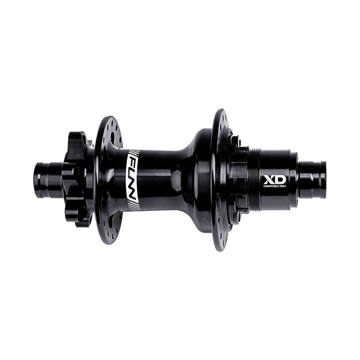 Funn Fantom2 rear hub in black with SRAM XD alloy freehub body, 32H, 6-bolt disc, Boost 12 x 148mm, side view on white