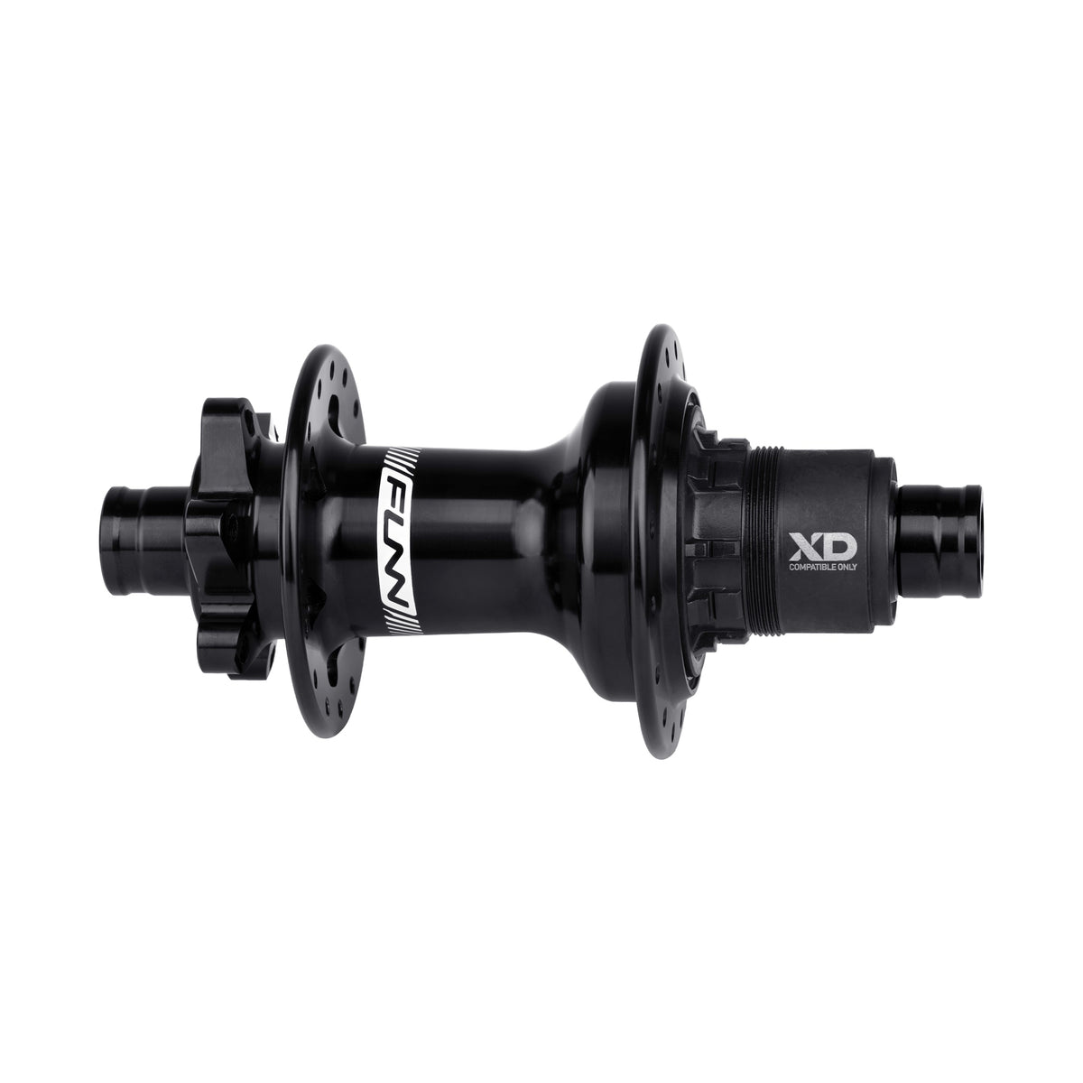 Funn Fantom2 rear hub in black with SRAM XD steel freehub body, 32H, 6-bolt disc, Boost 12 x 148mm, side view on white