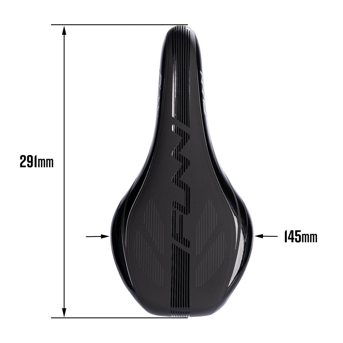 Black FUNN Adlib HD Saddle, sleek ergonomic bike seat with subtle graphics, 291mm long and 145mm wide for trail comfort