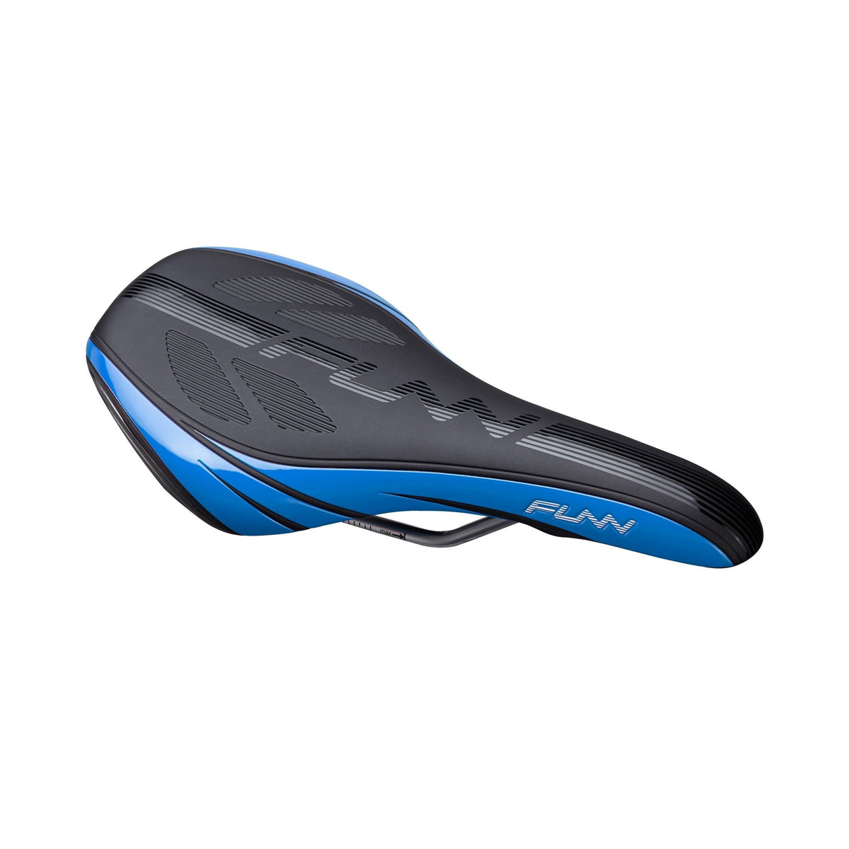 FUNN Adlib HD Saddle, sleek black and blue ergonomic bike seat with padded surface and durable rails for trail riding