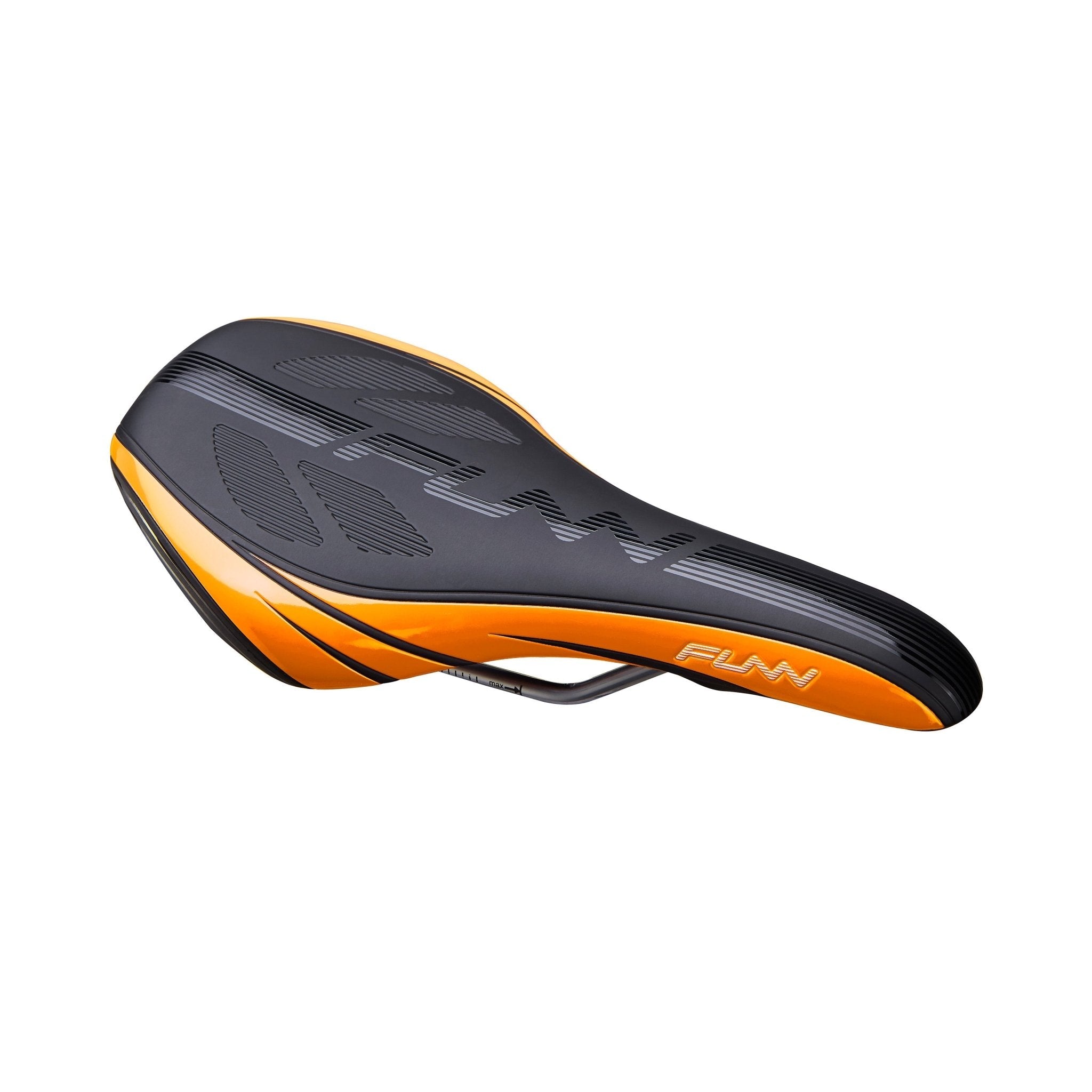FUNN Adlib HD Saddle, black and orange ergonomic bike seat with sleek graphics and padded surface for mountain biking