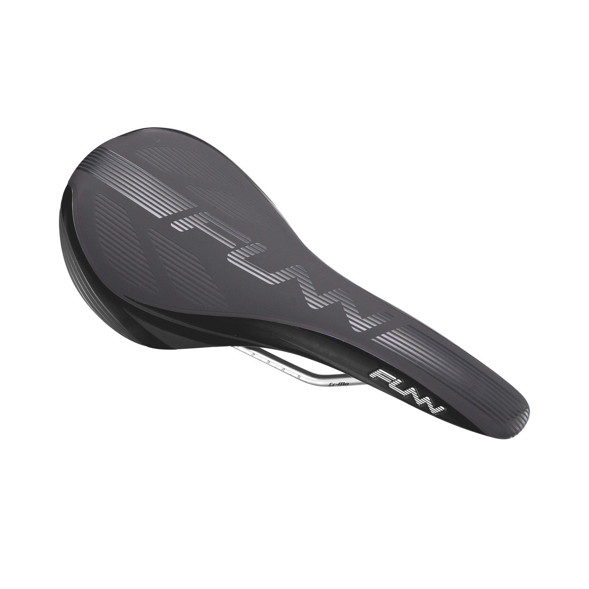 FUNN Adlib Saddle, sleek black ergonomic bike seat with padded surface and metal rails for MTB and road cycling comfort