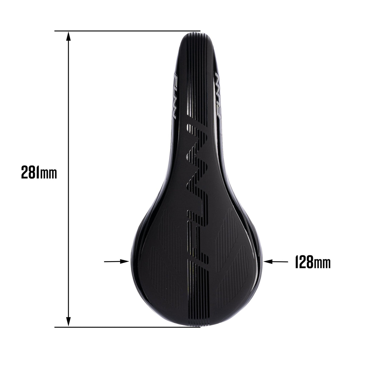 Black FUNN Adlib Saddle, sleek narrow bike seat with textured top, 281mm length and 128mm width for performance riding