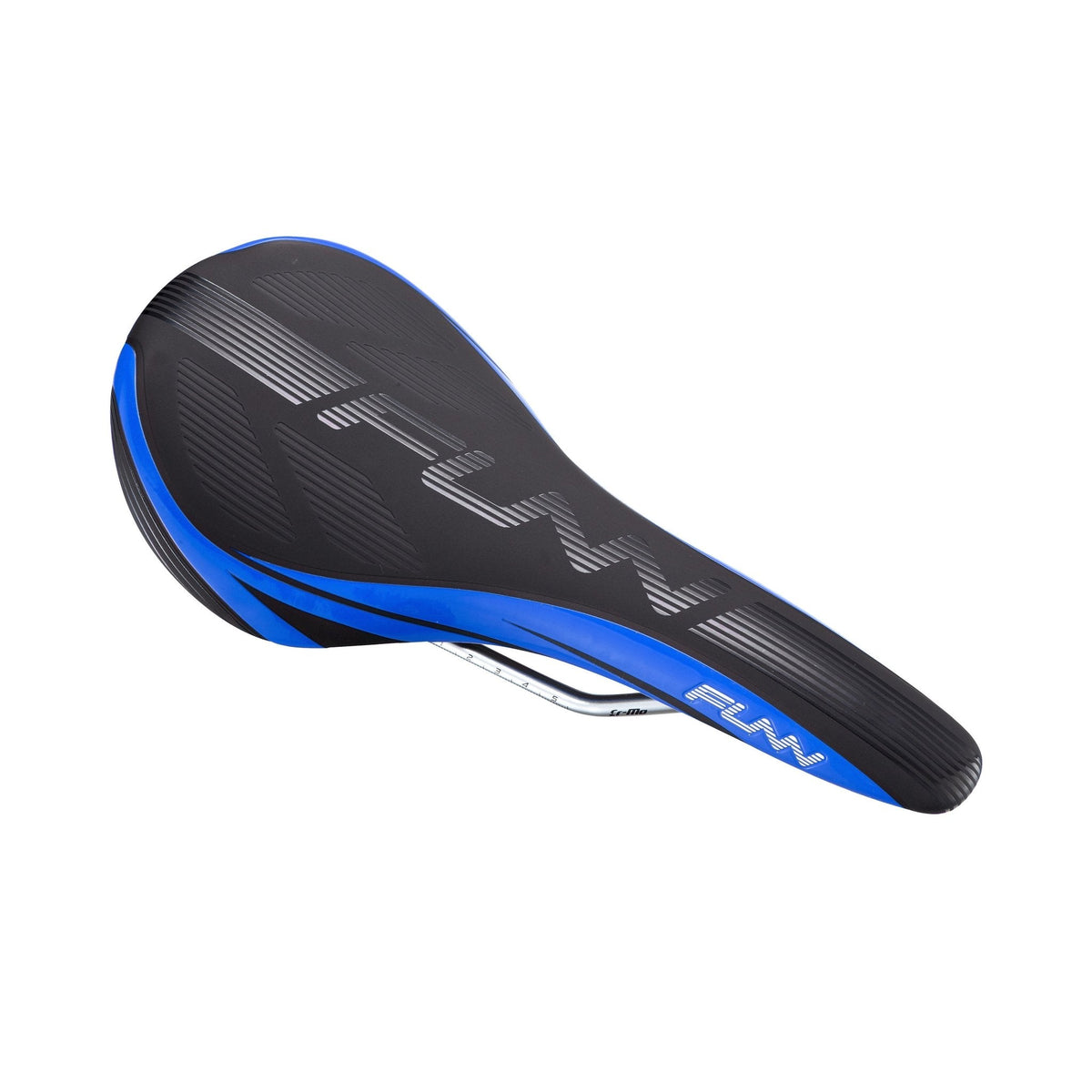 FUNN Adlib Saddle, black and blue ergonomic bike seat with padded synthetic cover and slim profile for trail and MTB riding