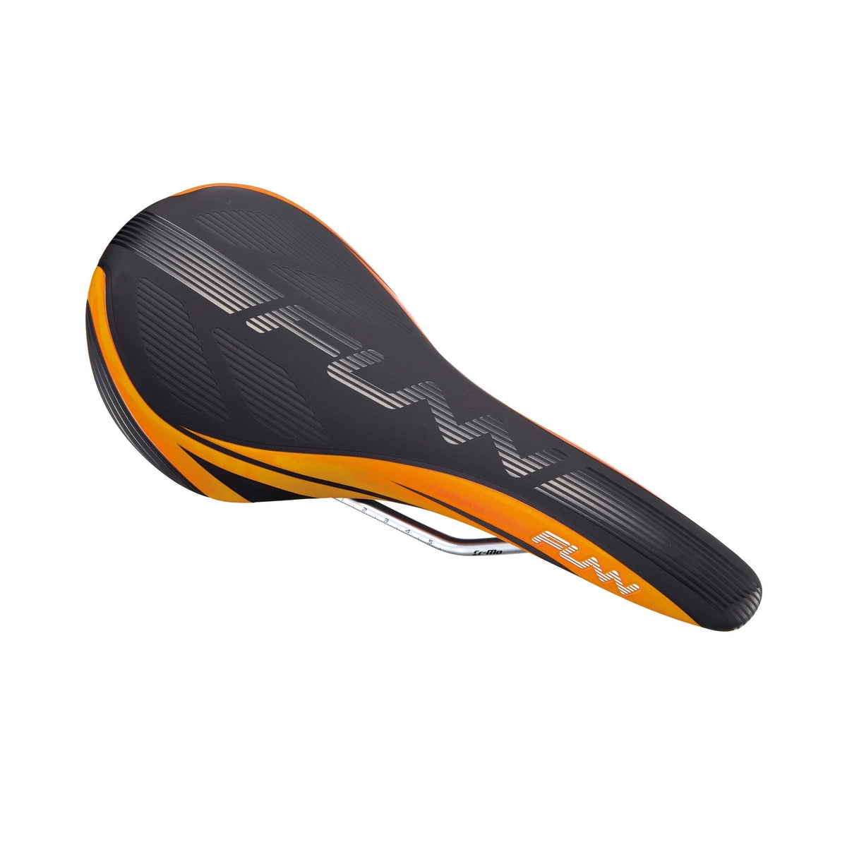 FUNN Adlib Saddle, black and orange ergonomic bike seat with slim padded profile and durable rails for MTB and road riding