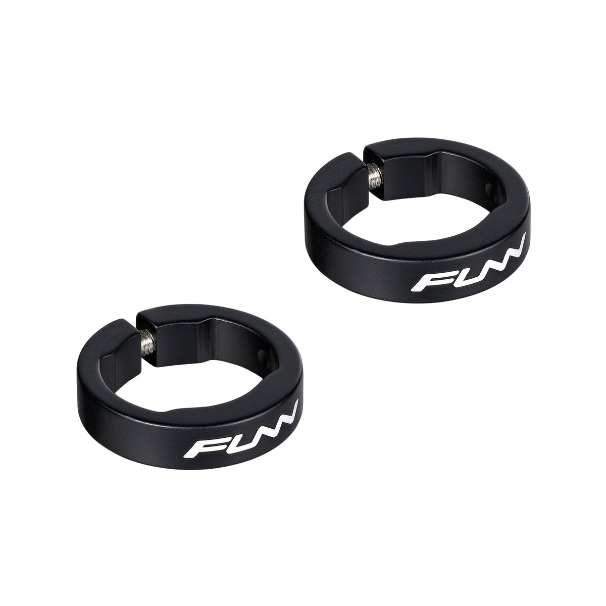 Black FUNN alloy bike grip clamping rings for Hilt / Holeshot, round lock-on bar ends with white logo and bolt fastening