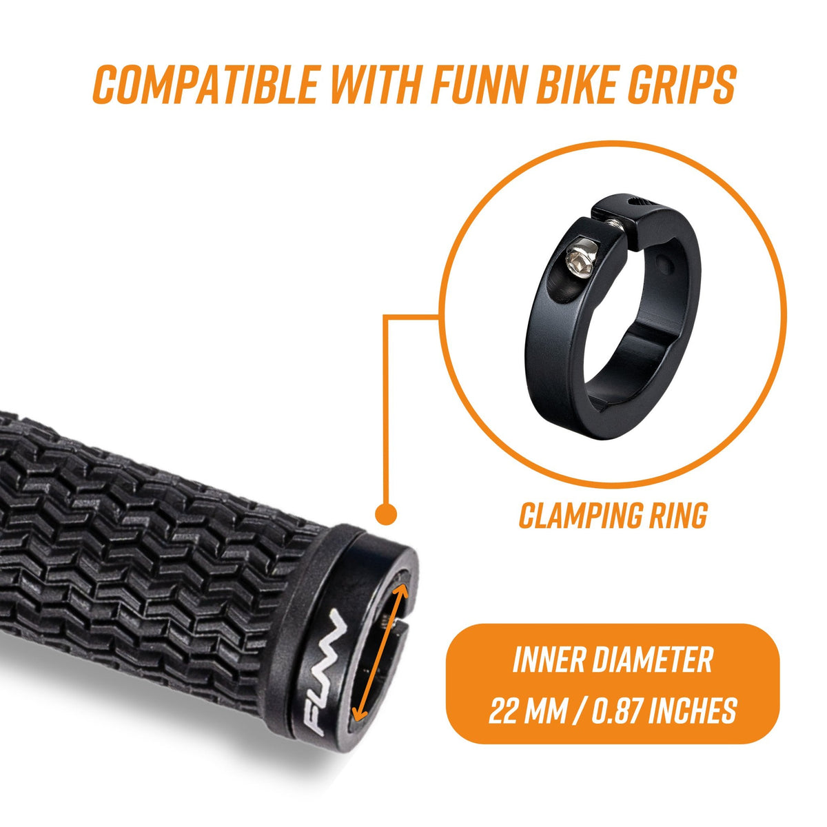 Black alloy FUNN bike grip clamping ring for Hilt / Holeshot, 22mm inner diameter, secure lock-on handlebar mount