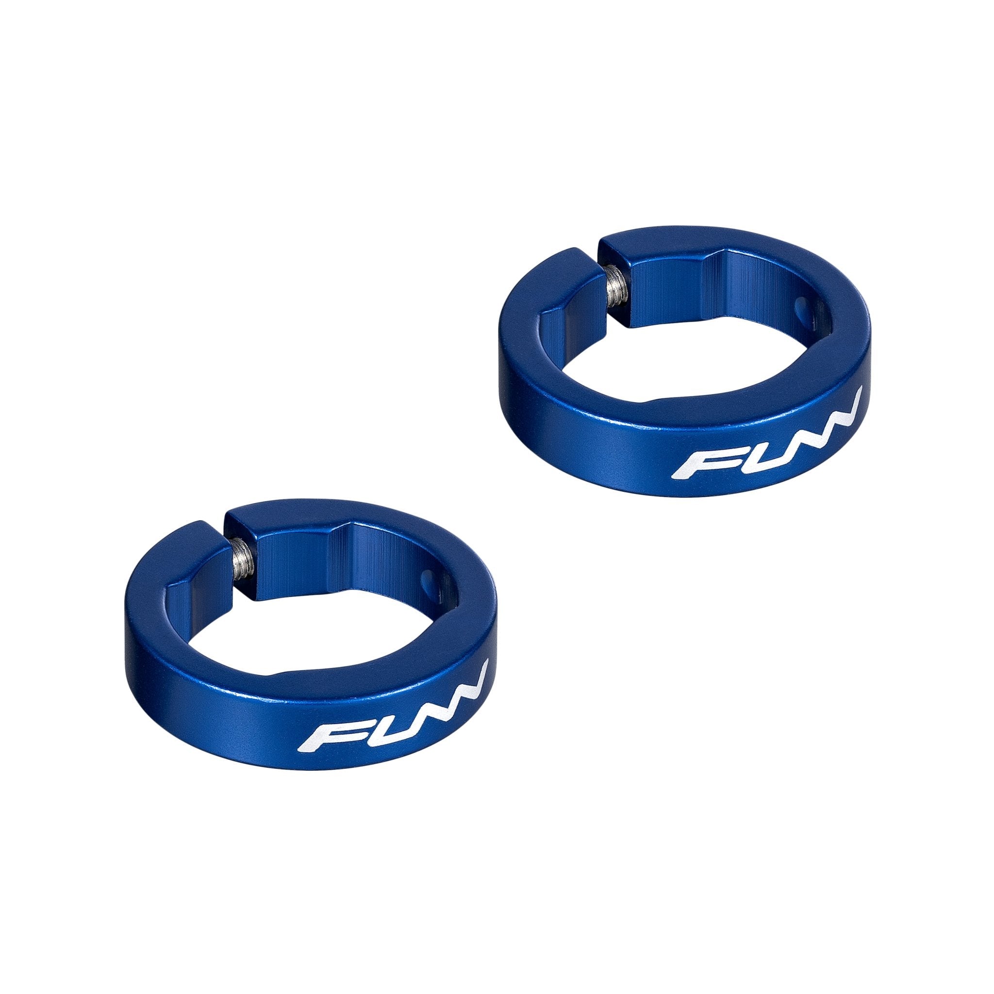 Blue alloy FUNN bike grip clamping rings for Hilt / Holeshot, round lock-on bar ends with white logo and bolt slots