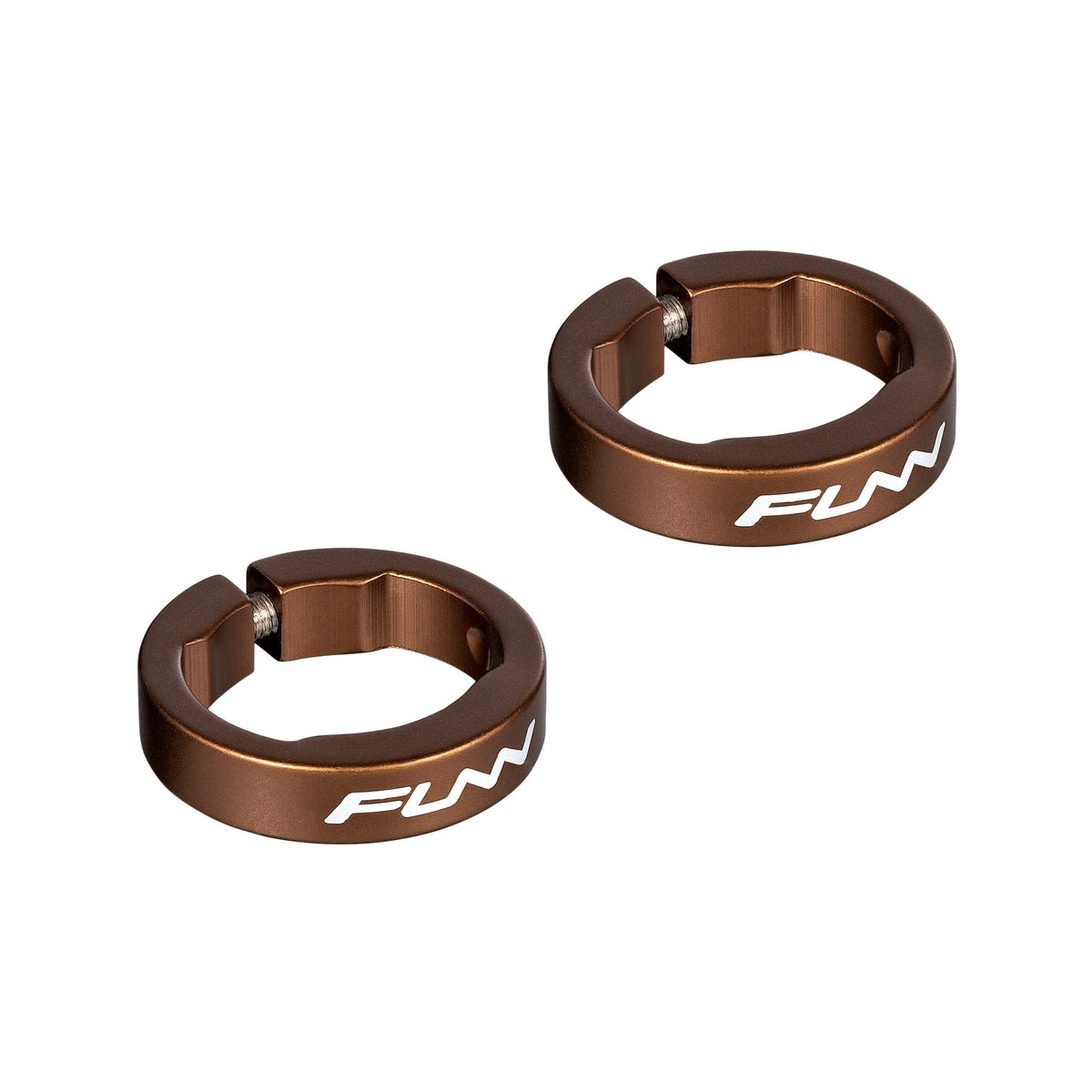 Bronze alloy FUNN bike grip clamping rings set for Hilt / Holeshot handlebars, round lock-on design with bolt fasteners