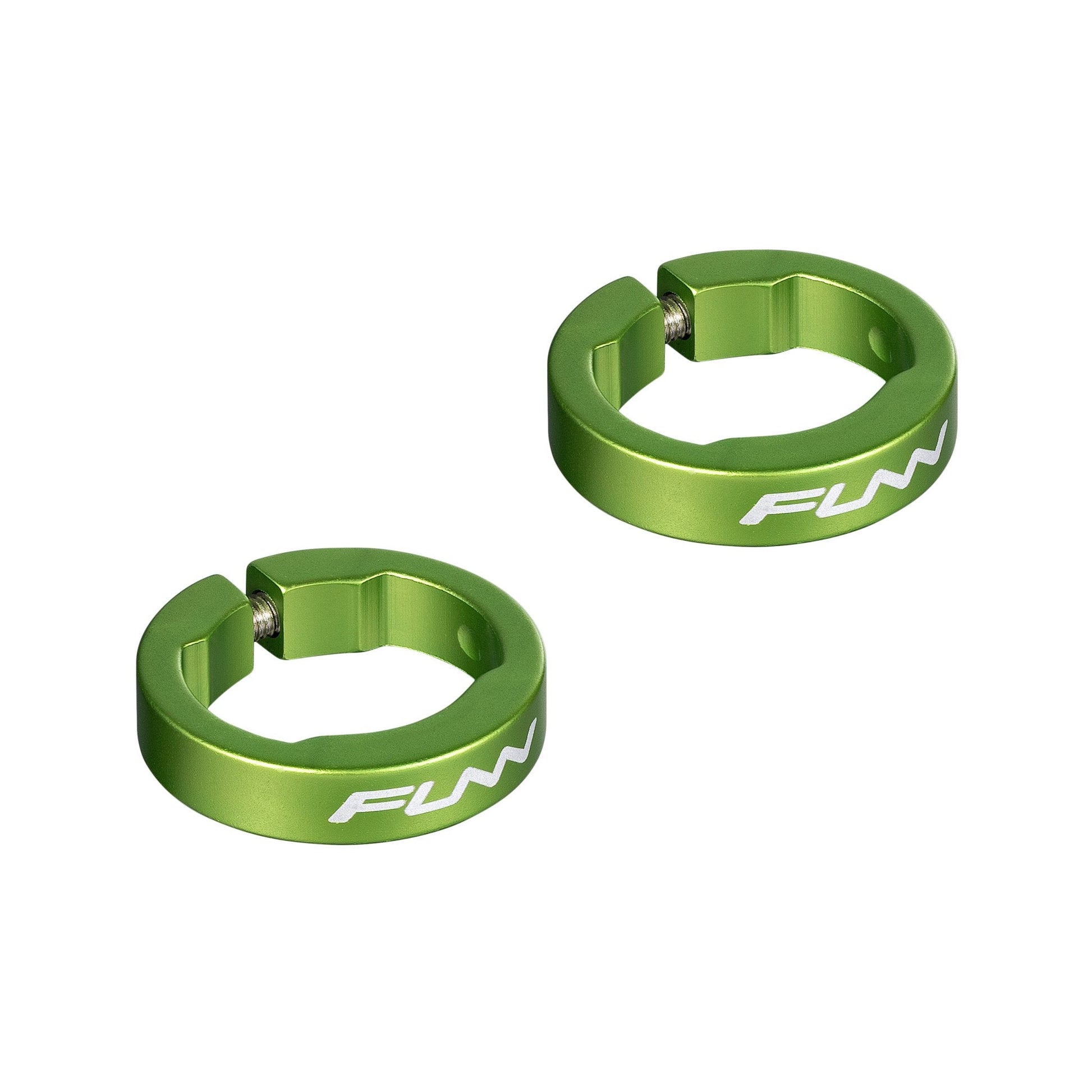 Funn mountain bike components - Alloy Bike Grip Clamping Rings for Hilt / Holeshot Green in a white background.