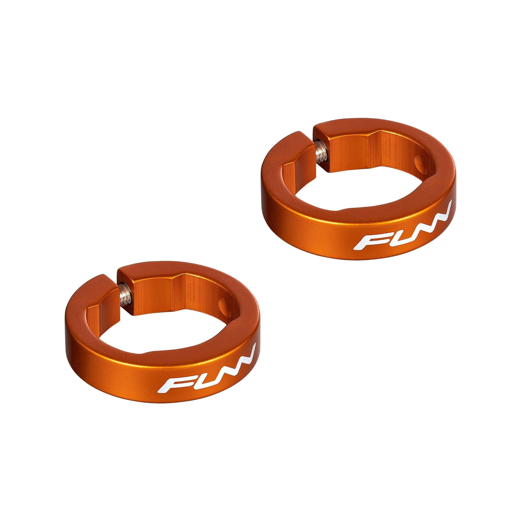 FUNN orange alloy bike grip clamping rings for Hilt / Holeshot grips, circular lock-on design with side bolt