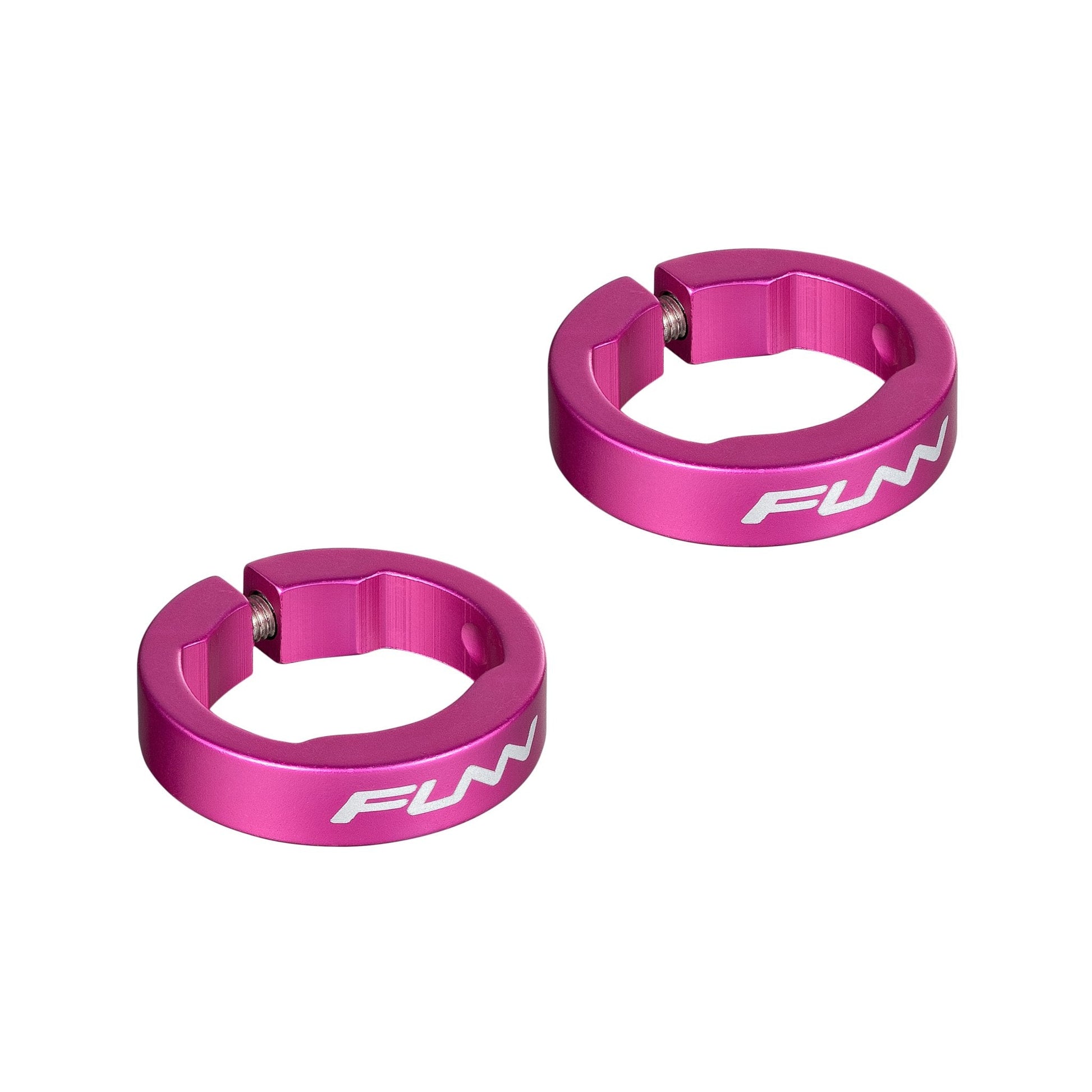 Funn mountain bike components - Alloy Bike Grip Clamping Rings for Hilt / Holeshot Pink in a white background.