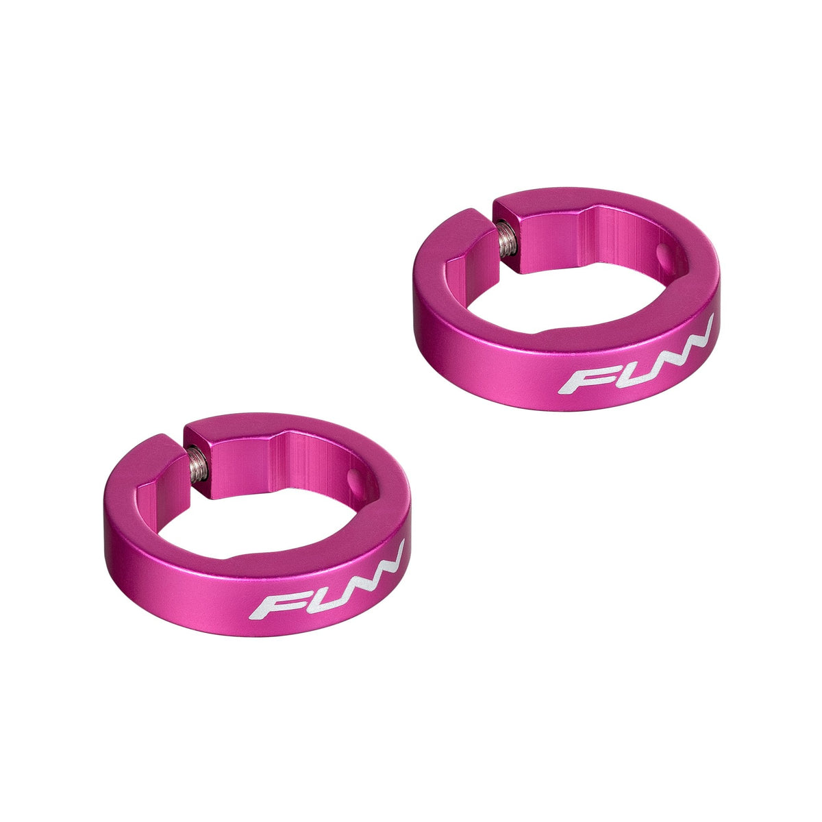 Pink FUNN alloy bike grip clamping rings for Hilt / Holeshot, lightweight round lock-on collars with bolt fastener