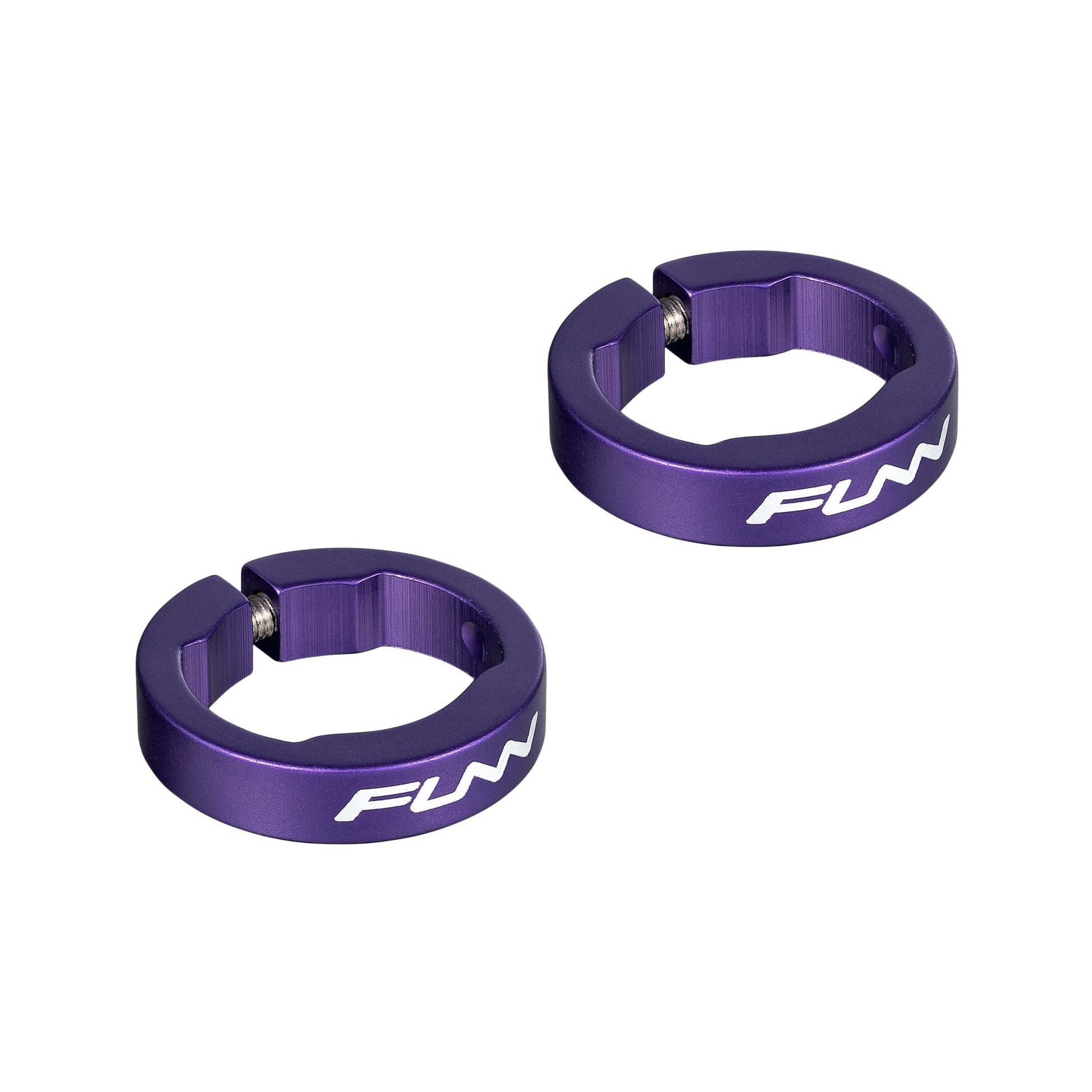 Funn mountain bike components - Alloy Bike Grip Clamping Rings for Hilt / Holeshot Purple in a white background.