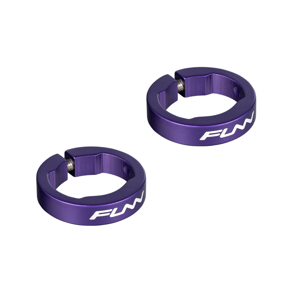 Purple FUNN alloy bike grip clamping rings for Hilt / Holeshot, round lock-on handlebar grip collars with bolts