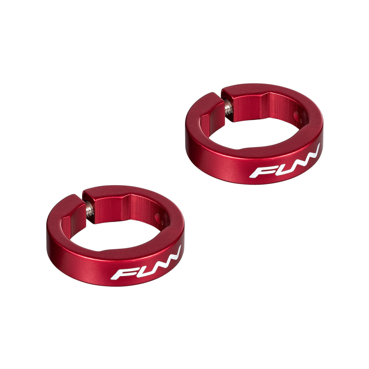Red alloy FUNN bike grip clamping rings for Hilt / Holeshot, round lock-on handlebar collars with bolts
