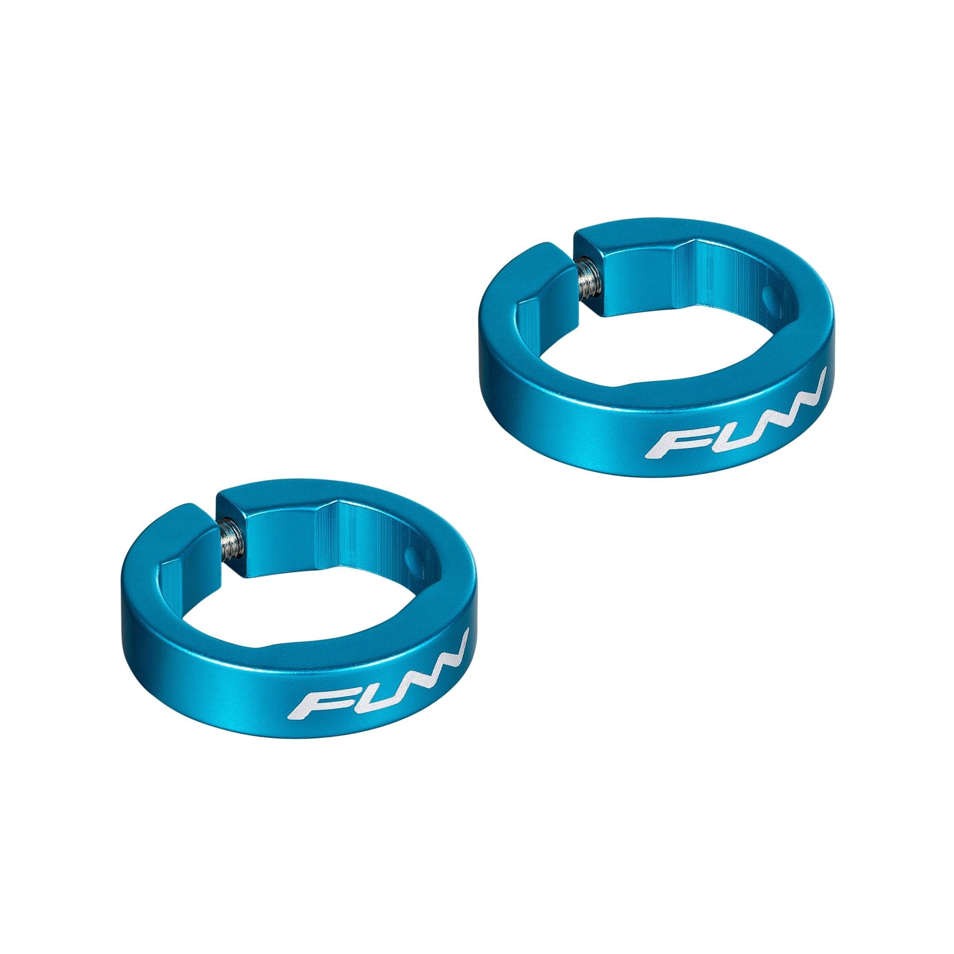 Funn mountain bike components - Alloy Bike Grip Clamping Rings for Hilt / Holeshot Turquoise in a white background.