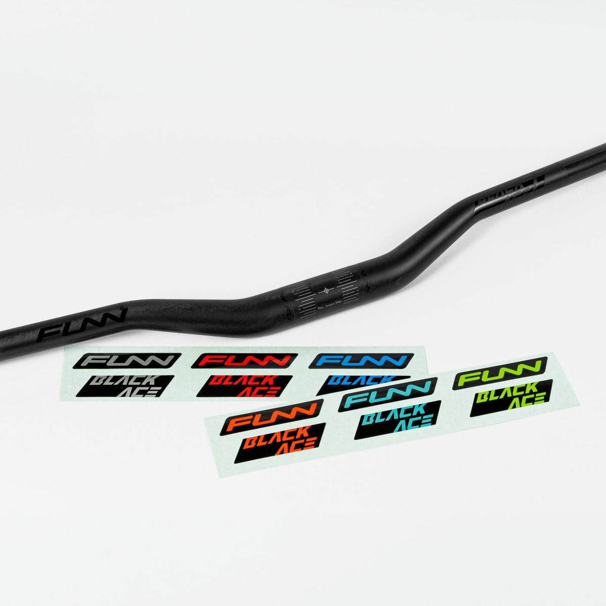 FUNN Black Ace Carbon Handlebar with matte black and 6 colorway stickers for custom MTB cockpit styling