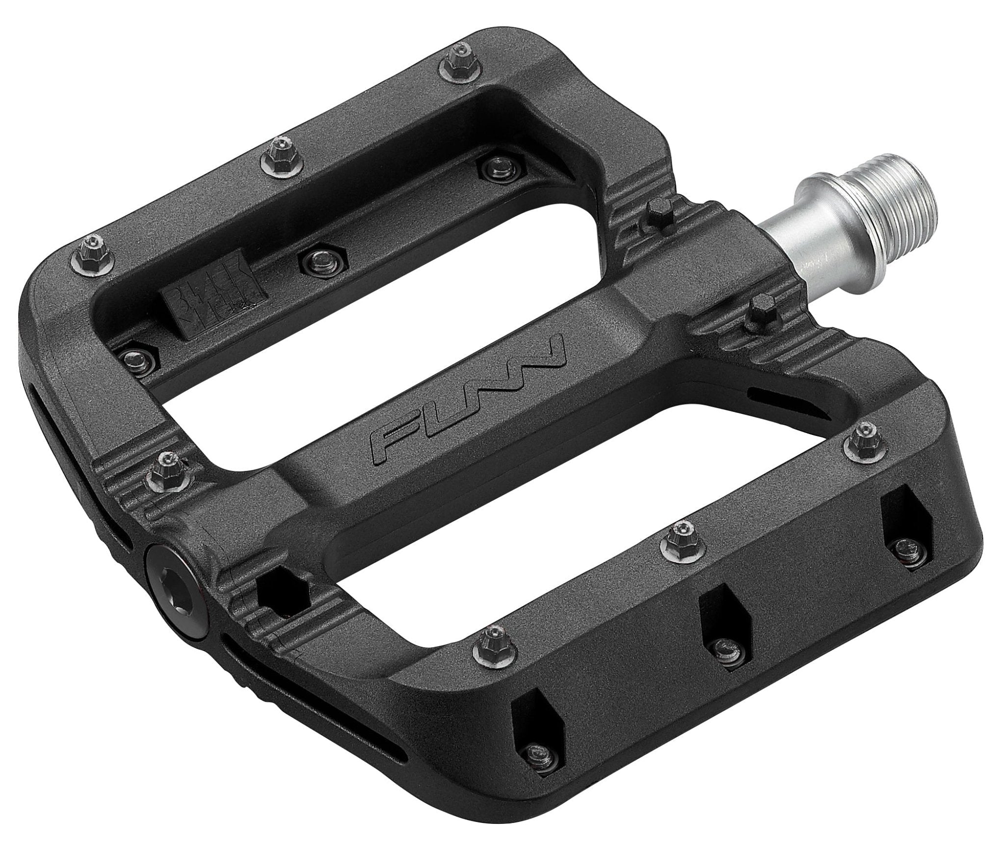 FUNN Black Magic flat pedals, black composite pedal body with metal pins and wide platform for grippy mountain biking
