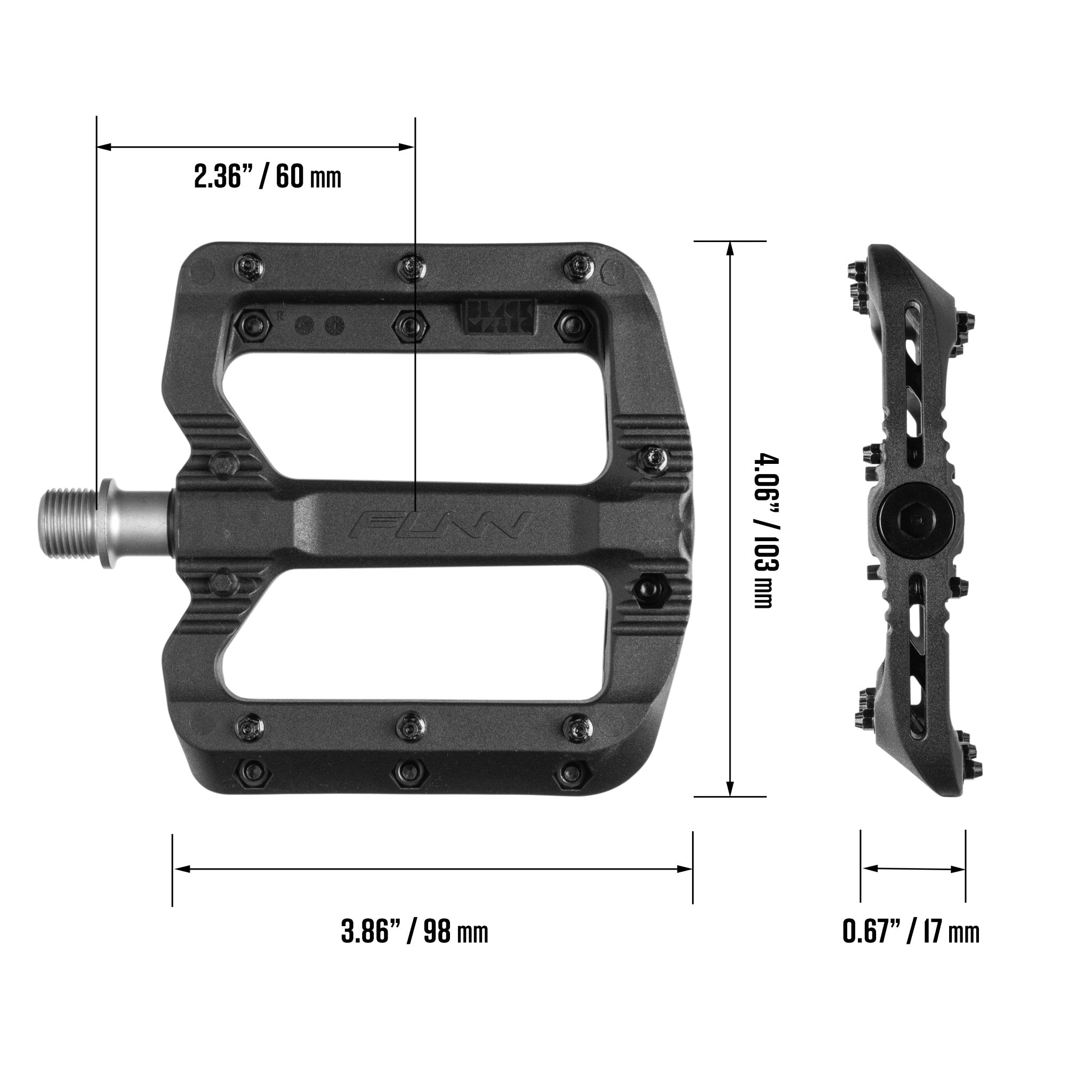 FUNN Black Magic Flat Pedals, black composite pedal body with metal pins and size dimensions for MTB grip and control