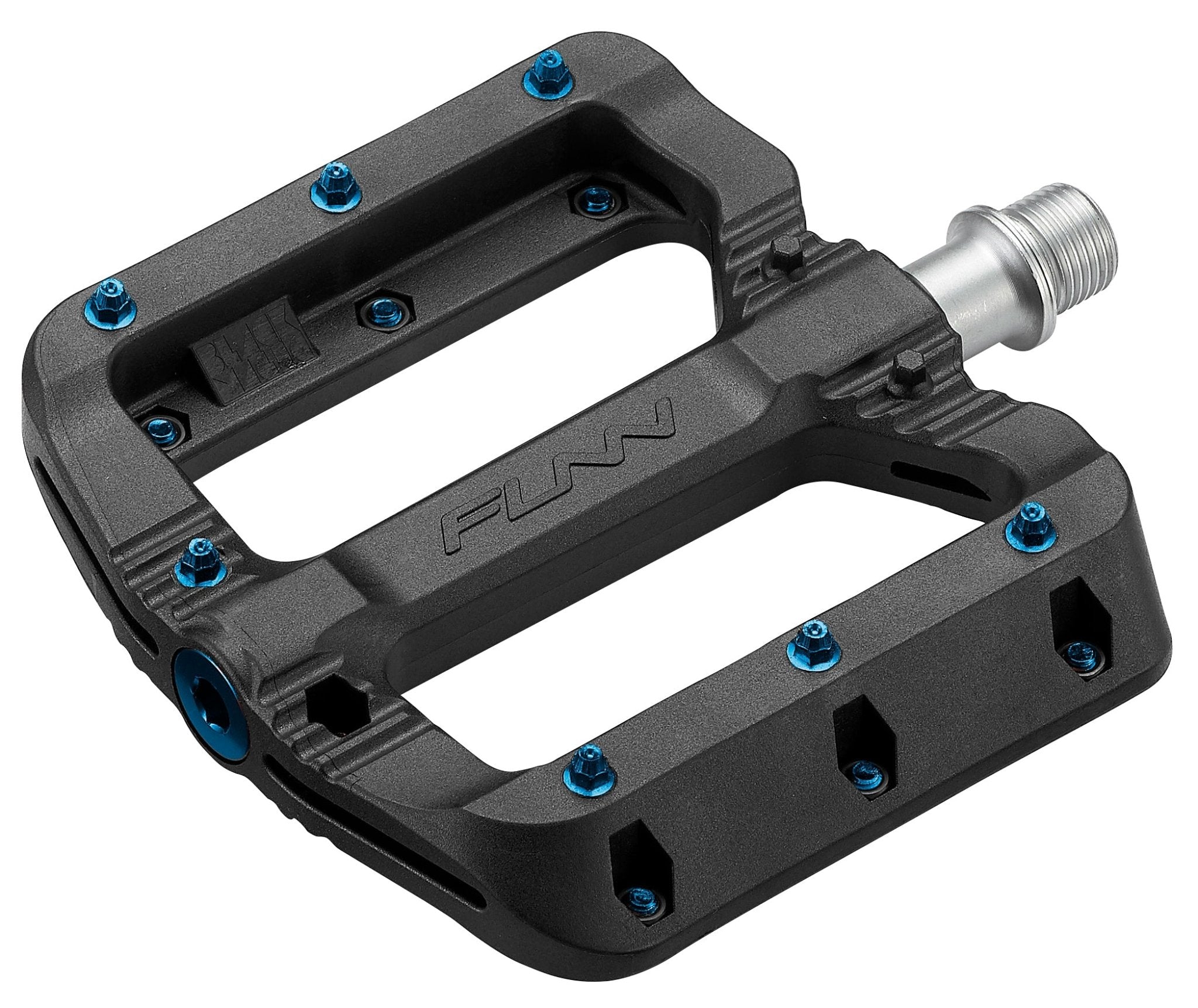 Black Magic Flat Pedals by FUNN, black composite pedal with blue pins and wide platform for secure mountain bike grip